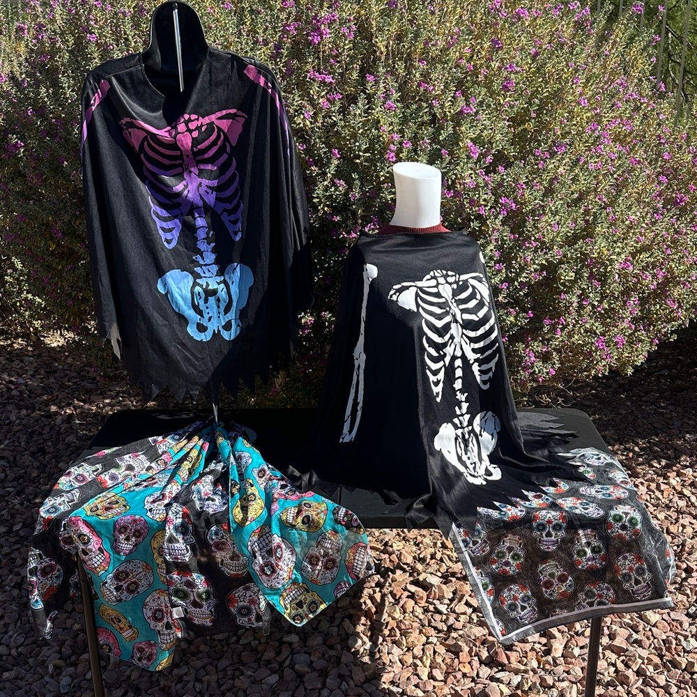 Halloween Set of 2Skeleton Ponchos & 3Skull Scarves-used once-in great condition